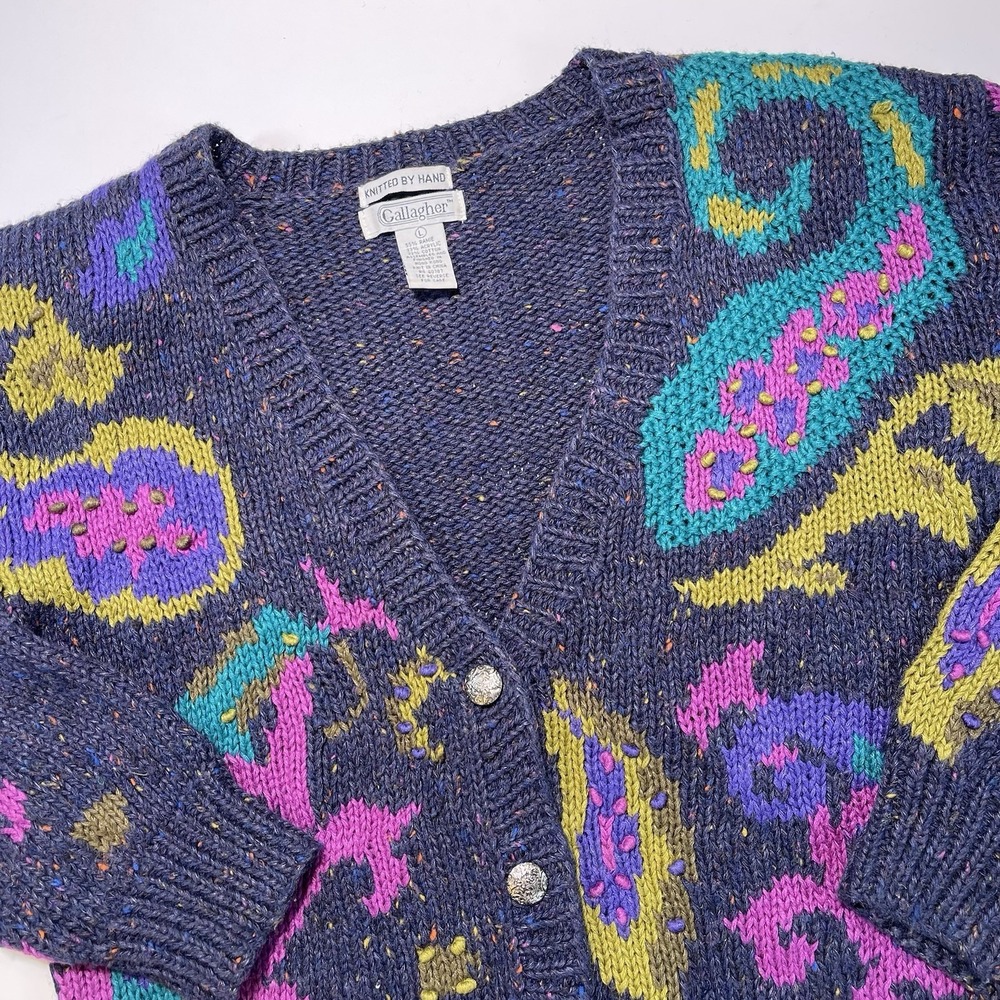 Gallagher Vintage Hand Knit Sweater Cardigan Navy Pink Turquoise Women's Large - Picture 2 of 14